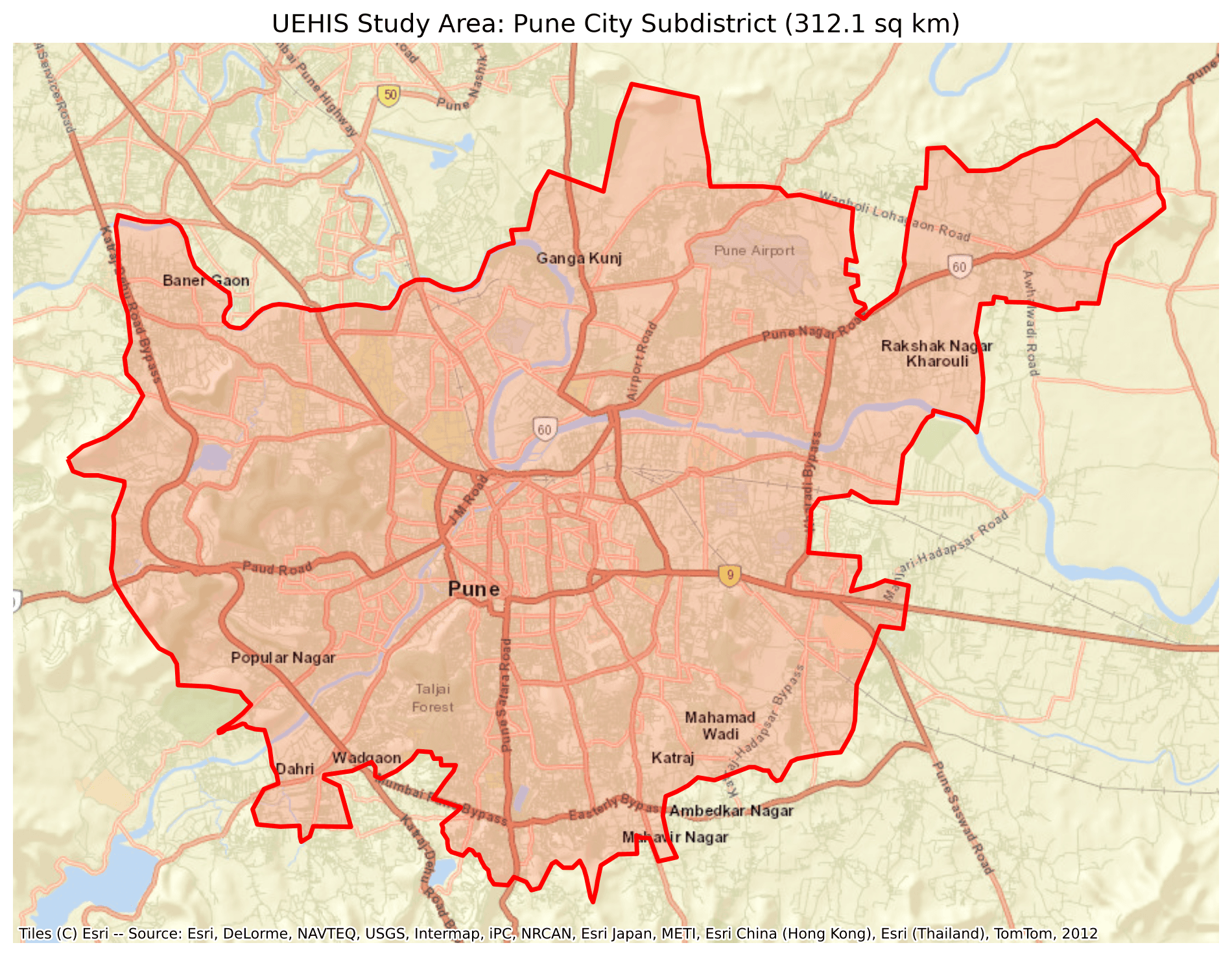 Cartographic study area map of Pune showing 250m grid extent